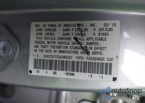 2010 Honda Accord 2.4 Lx из США, поврежденный, VIN 1HGCP2F37AA086247